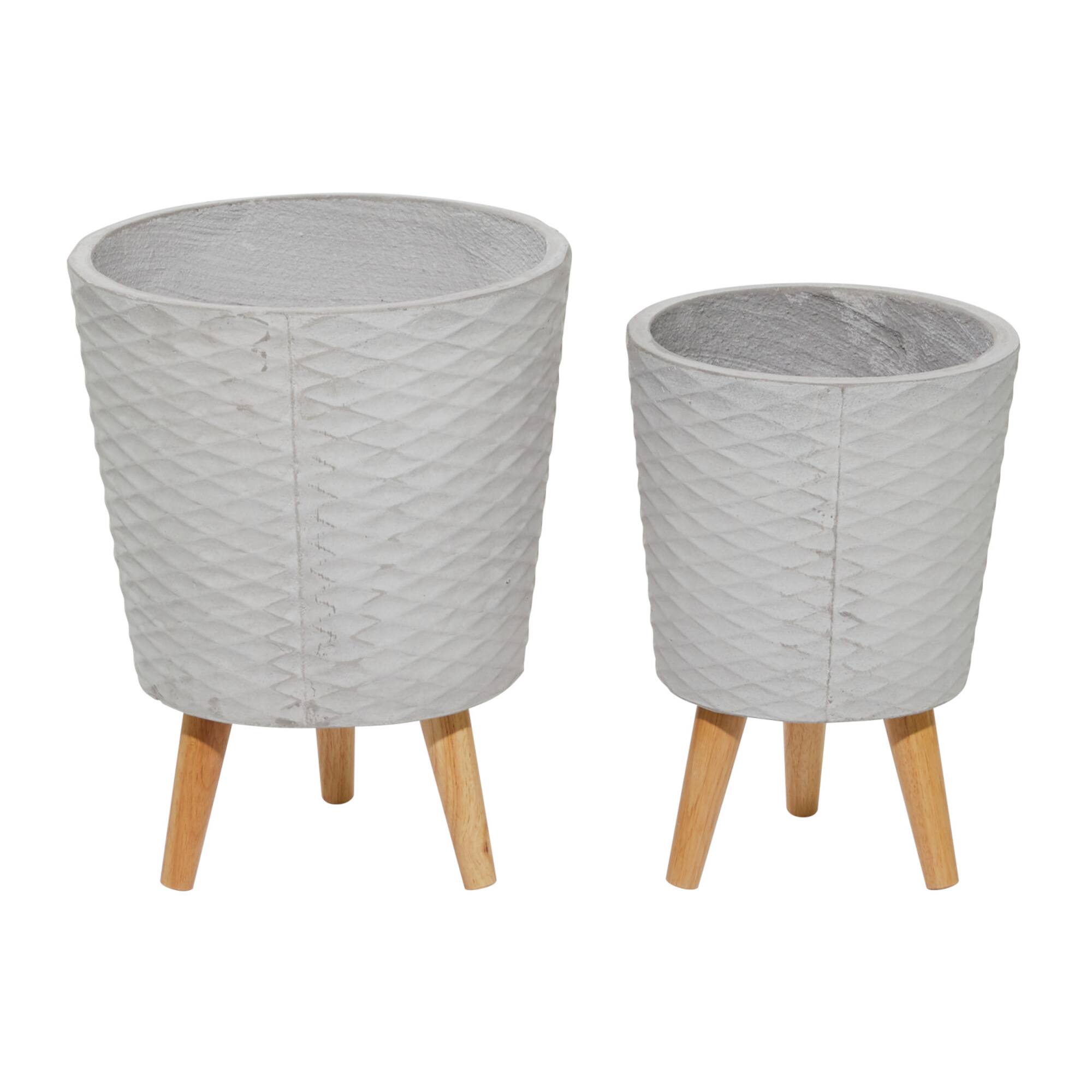 Set of 2 Grey Polystone Contemporary Planter, 14", 16"